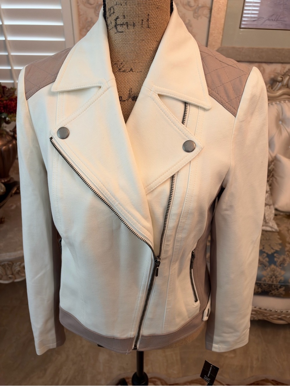 NEW—INC International Concepts Off-White&Taupe Leather Asymmetric Moto Jacket - Picture 5 of 10